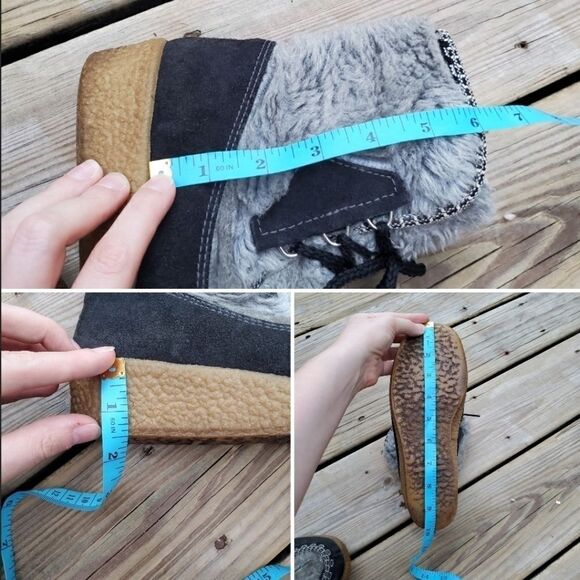 Vintage 70s Hippie Gray Faux Fur Black Sherpa Lined Lace-up Boho Ankle Boots 6 - Picture 8 of 9